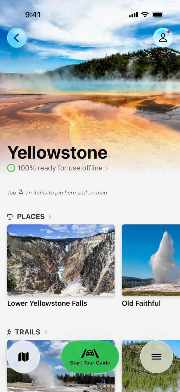 Yellowstone in Parkwolf, 100% ready for use offline, with its places and trails
