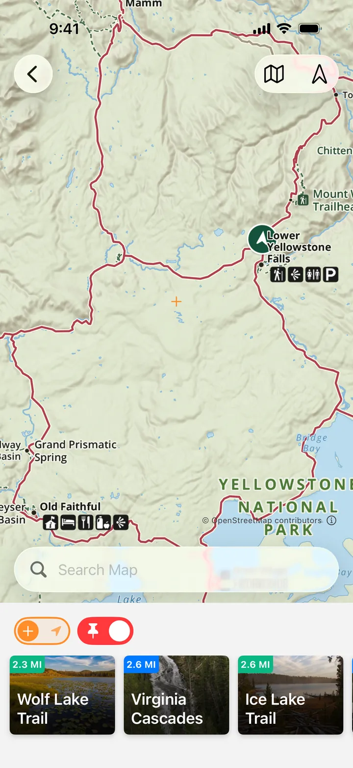 The Parkwolf map of Yellowstone’s Grand Loop, from Mammoth to Old Faithful, with Lower Yellowstone Falls and their facilities