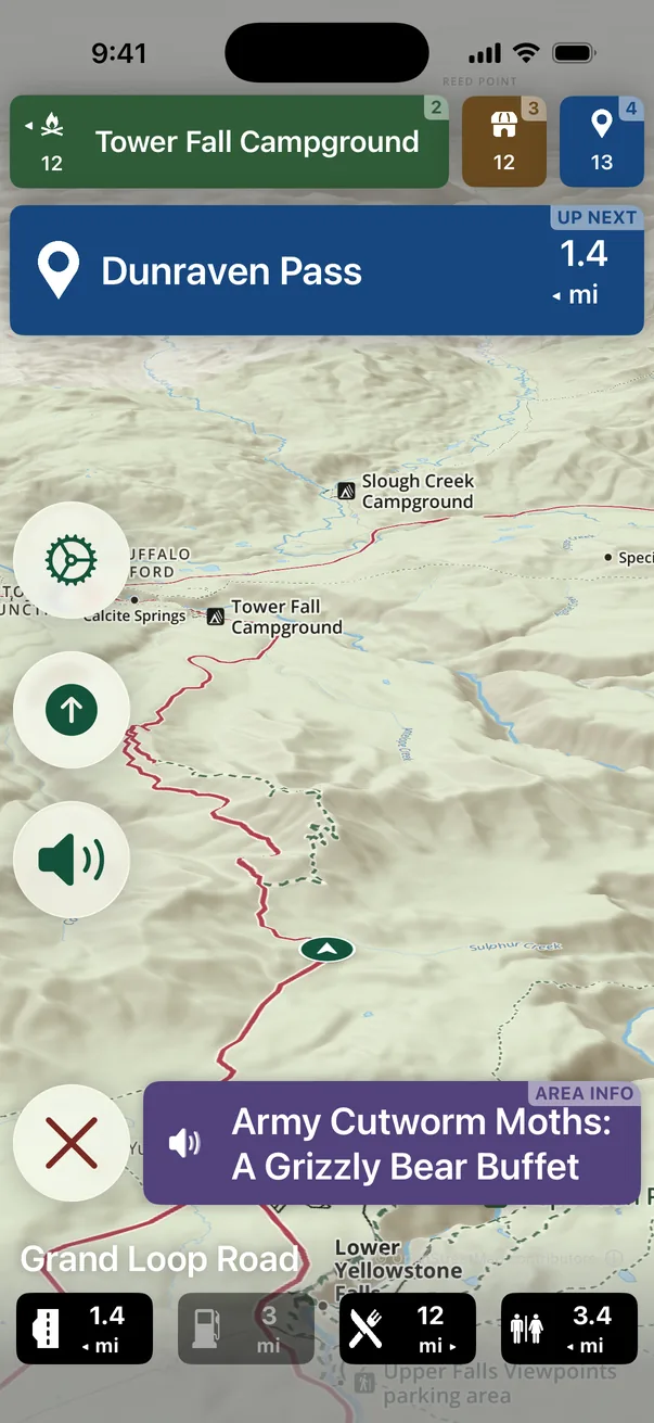 Parkwolf’s Tour Guide on Grand Loop Road in Yellowstone, playing the story “Army Cutworm Moths: A Grizzly Bear Buffet” with Dunraven Pass up next on a 3D park map