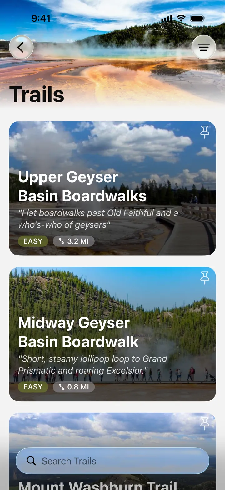 Yellowstone trails in Parkwolf, each with its difficulty, length, and a one-line summary