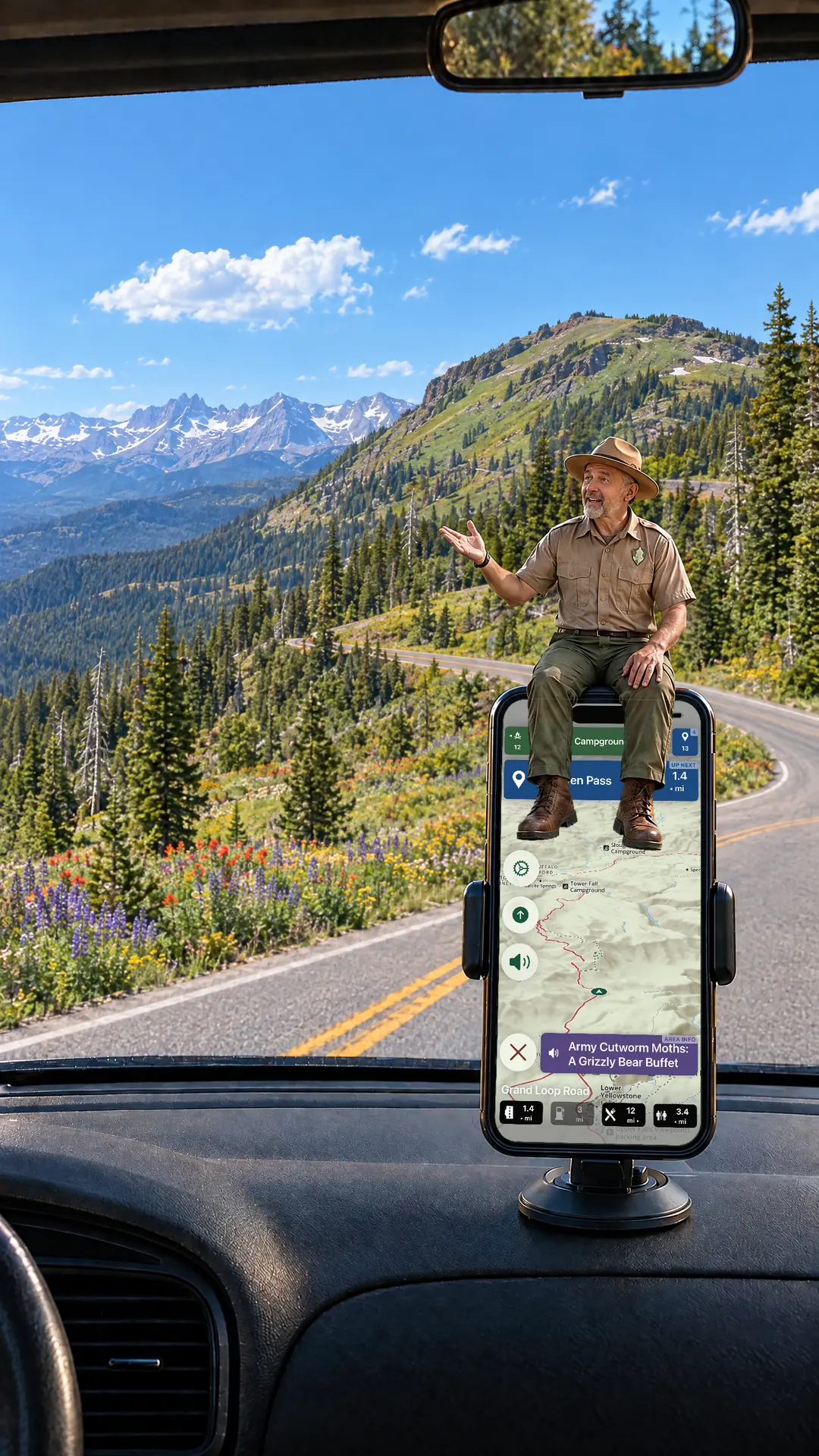 A park ranger sits on a dash-mounted phone, talking, as Parkwolf’s Tour Guide plays “Army Cutworm Moths: A Grizzly Bear Buffet” on Grand Loop Road below Dunraven Pass in Yellowstone